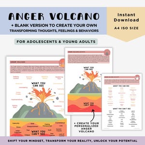 Può includere: Un foglio di lavoro stampabile intitolato "Vulcano della rabbia" con un'illustrazione colorata di un vulcano in eruzione. Il foglio di lavoro è progettato per aiutare gli adolescenti e i giovani adulti a identificare e comprendere i loro trigger della rabbia. Il foglio di lavoro include un elenco di "Cosa puoi vedere" e "Cosa non puoi vedere" come trigger della rabbia.