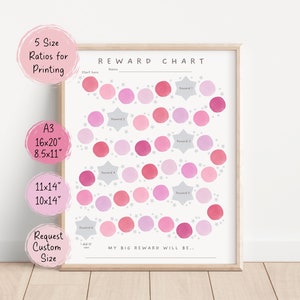Może przedstawiać: Drukowana tabela nagród z akwarelowym wzorem w kolorze różowym i białym. Tabela zawiera ścieżkę z kółek i gwiazdek, dzięki której dzieci mogą śledzić swoje postępy. Tabela zawiera tekst "REWARD CHART" i "MY BIG REWARD WILL BE..."
