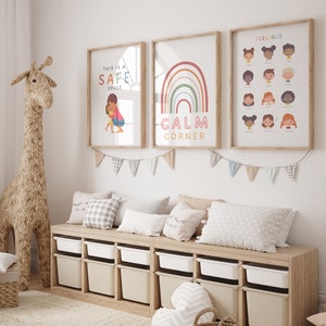 Cartazes de canto calmo em cores do arco-íris, decoração de escritório de terapia, cartazes educativos, kit de canto calmo para crianças, ajuda aos pais