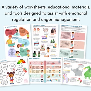 May include: A set of colourful worksheets designed to help children learn about emotional regulation and anger management. The worksheets feature illustrations of children and include phrases like "This is how I can calm myself" and "Take a break".