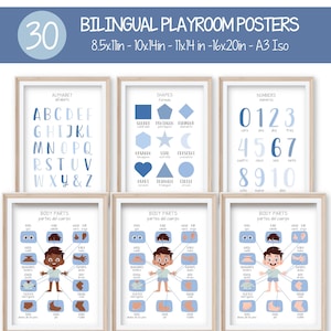Bilingual Spanish and English Playroom Posters Set of 30 Educational Posters, Homeschool Printables, Digital Download, Instant Download