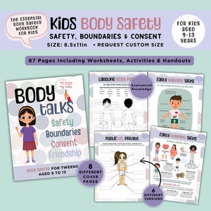 以下が含まれることがあります： 9歳から13歳の子供向けワークブック「ボディトークス：安全、境界線、同意、友情」。表紙には、茶色の髪と眼鏡をかけ、紫色のシャツと赤いスカートを着たアニメの女の子が描かれています。ワークブックには、ワークシート、アクティビティ、配布資料など、87ページが含まれています。サイズは8.5インチ×11インチで、別のサイズにカスタマイズできます。