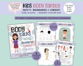 Peut inclure: Un cahier d'exercices intitulé "Body Talks : Sécurité, limites, consentement, amitié" pour les préadolescents de 9 à 13 ans. La couverture présente une fille de dessin animé aux cheveux bruns et aux lunettes, portant une chemise violette et une jupe rouge. Le cahier d'exercices comprend 87 pages de feuilles de travail, d'activités et de documents distribués. Il mesure 21,6 cm sur 27,9 cm et peut être personnalisé à une taille différente.