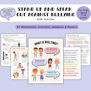 May include: A set of printable worksheets, activities, handouts, and posters for kids aged 7-13 years old to help them learn about bullying. The title of the set is "Stand Up and Speak Out Against Bullying". The set includes 67 pages and is 8.5 inches by 11 inches in size.