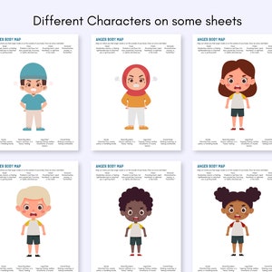 May include: Six different cartoon characters with various skin tones and hairstyles are shown on six separate sheets. Each sheet has the title "Anger Body Map" and includes a list of physical sensations that people may experience when they are angry. The characters are all expressing anger with different facial expressions.