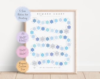 May include: A framed reward chart with a light wood frame. The chart features a path of blue star shapes. Text on the chart includes "Reward Chart" and "My Big Reward Will Be...". The image also shows size options.