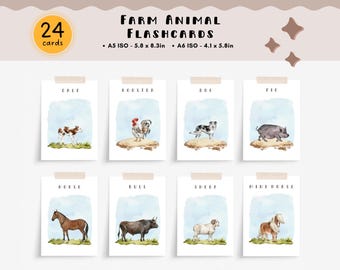 May include: Set of 24 watercolor farm animal flashcards. Each card features a different farm animal, such as a calf, rooster, dog, pig, horse, bull, sheep, and mini horse. The cards are printed on white paper with a light blue background and are perfect for learning about farm animals.