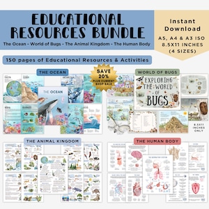 4 Unit Study BUNDEL Educatieve bronnen voor docenten of voor thuisonderwijs en montessori-leerruimtes, aquarelillustraties