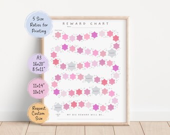 May include: A framed reward chart with a star-shaped path in shades of pink and purple. The chart includes text fields for the name and reward, with size options listed in inches. The text "MY BIG REWARD WILL BE..." is at the bottom.