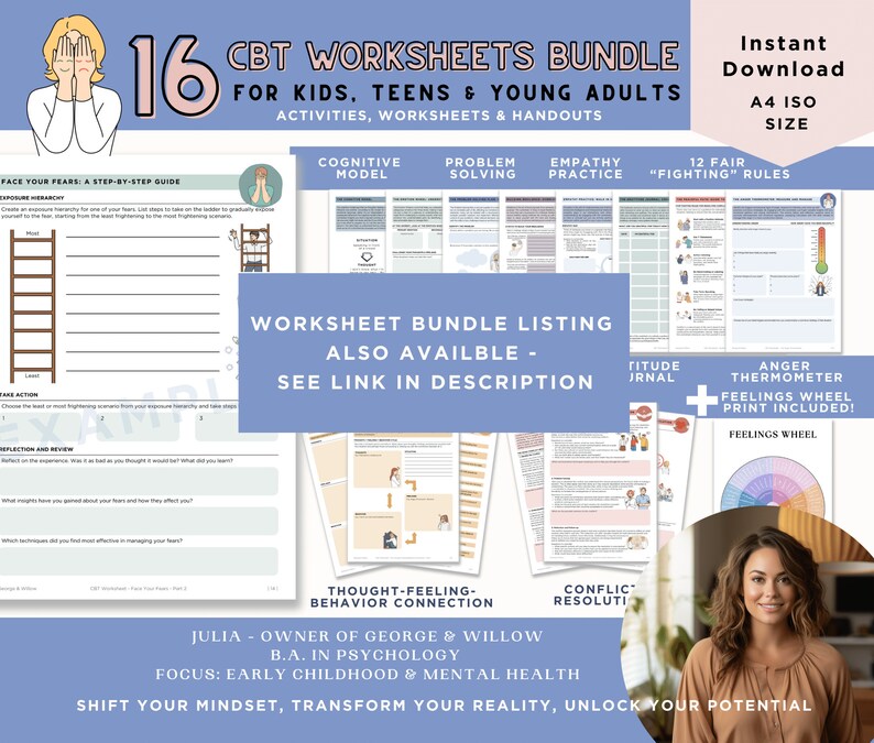 May include: A blue and white digital download product listing for 16 CBT worksheets for kids, teens, and young adults. The worksheets are designed to help with cognitive modeling, problem-solving, empathy practice, and 12 fair fighting rules. The listing also includes a feelings wheel and anger thermometer.