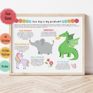 May include: A colorful chart titled "How big is my problem?" with illustrations of a dragon, elephant, unicorn, and butterfly. The chart helps children identify the size of a problem and how to deal with it.