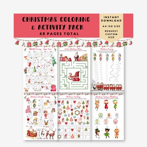 May include: A Christmas-themed coloring and activity pack with 68 pages total. The pack includes alphabet tracing, mazes, number tracing, and matching games. The top banner reads "Christmas Coloring & Activity Pack".