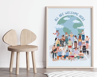 Cartel de todos son bienvenidos aquí, carteles de inclusión Consejero escolar, trabajador social Igualdad Espacio seguro Arte de pared inclusivo