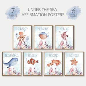 Carteles de afirmación para niños bajo el mar, afirmaciones del océano, encantadoras criaturas marinas juguetonas