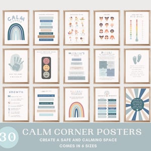 30 affiches éducatives bleu coin calme, ressources d'apprentissage, apprentissage émotionnel, décoration apaisante, impression d'art pour bureau de conseiller, imprimables enfants