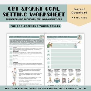 May include: A worksheet with a green and white background, titled "CBT S.M.ART GOAL SETTING WORKSHEET" and "TRANSFORMING THOUGHTS, FEELINGS & BEHAVIORS" with a cartoon illustration of a person climbing a ladder. The worksheet is designed to help adolescents and young adults set goals using the SMART method.