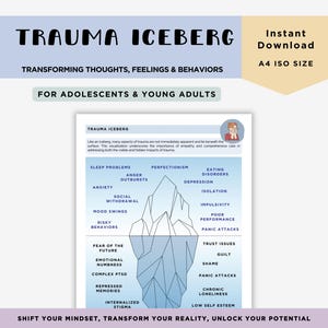 Iceberg de trauma para adolescentes y adultos jóvenes, recursos para terapeutas, trabajadores sociales, herramientas y ejercicios para consejeros