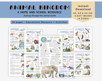 May include: A set of 30 printable pages featuring colourful illustrations of different animal groups, including mammals, birds, reptiles, amphibians, fish, insects, and invertebrates. The pages include quick facts about each animal group and are designed for home or school use. The title of the resource is "Animal Kingdom: A Home and School Resource".