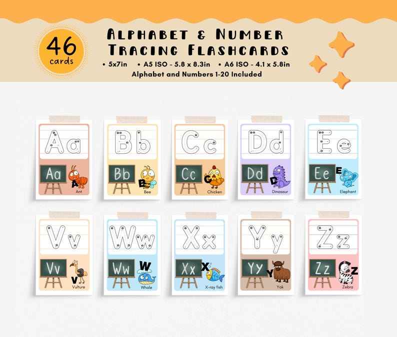 Alphabet and number tracing flashcards with cute animals and abc tracing letters