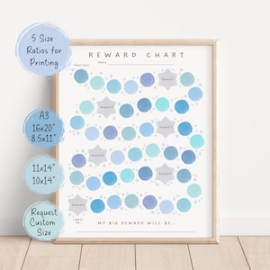 May include: A printable reward chart with a blue and grey watercolour design. The chart features a path of circles with stars in between. The text "REWARD CHART" is at the top of the chart. The text "MY BIG REWARD WILL BE..." is at the bottom of the chart.
