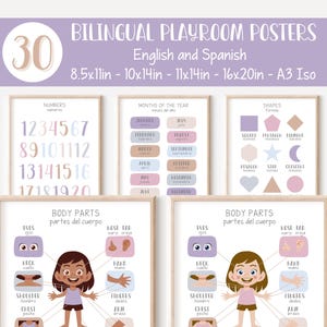 Bilingual Spanish and English Kids Playroom Posters Set of 30 Educational Posters, Homeschool Prints, Digital Posters, Instant Download