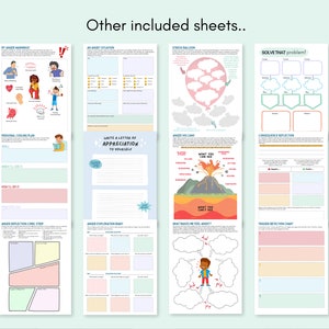 May include: A set of printable worksheets for managing anger and stress. The worksheets feature colourful illustrations and include titles like "My Anger Warning", "Anger Volcano", "Stress Balloon", and "Solve That Problem!"