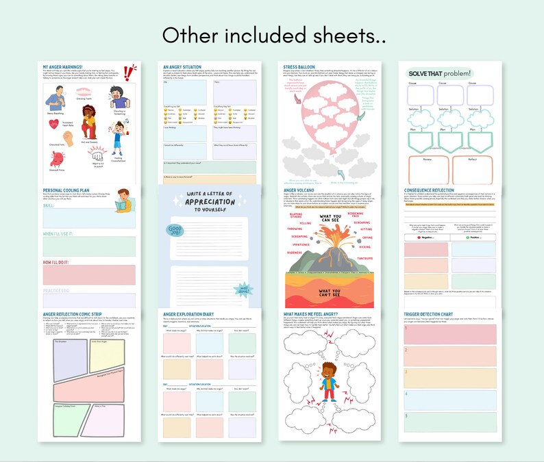 May include: A set of printable worksheets for managing anger and stress. The worksheets feature colourful illustrations and include titles like "My Anger Warning", "Anger Volcano", "Stress Balloon", and "Solve That Problem!"