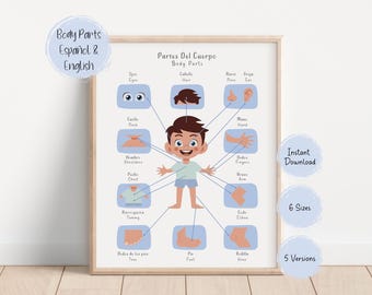 Bilingual Español and English Body Parts Educational Poster, Homeschool Printables, Digital Download, Instant Download