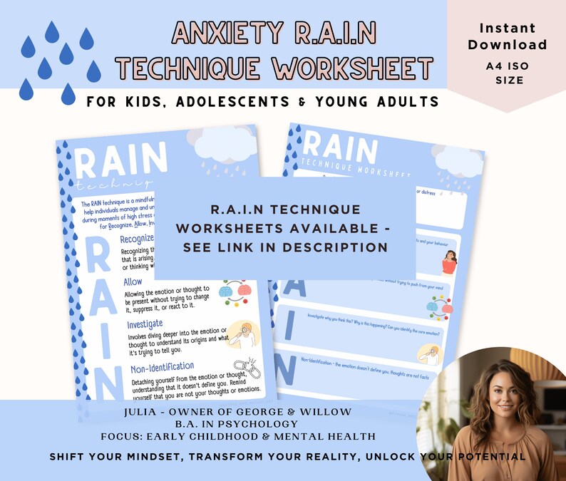 May include: A blue and white printable worksheet with the title "Anxiety R.A.I.N Technique Worksheet for Kids, Adolescents & Young Adults". The worksheet features a cartoon raindrop and the acronym "RAIN" with a description of each letter. The worksheet is designed to help individuals manage anxiety.