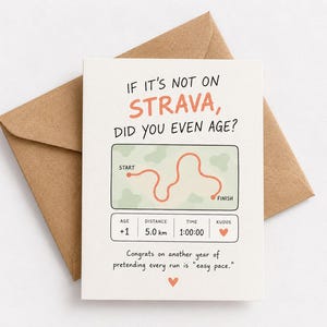 Può includere: Un biglietto d'auguri bianco con busta marrone che riporta il testo IF IT'S NOT ON STRAVA, DID YOU EVEN AGE? e il grafico di un percorso di corsa. Sotto sono indicate le statistiche età +1, distanza 5,0 km, tempo 1:00:00 e un cuore.