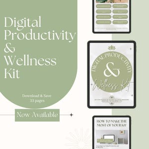 May include: A digital productivity and wellness kit is displayed on a light green background. The text "Digital Productivity & Wellness Kit" is prominently featured. The image includes tablets showcasing the kit's contents and the phrase "Now Available."