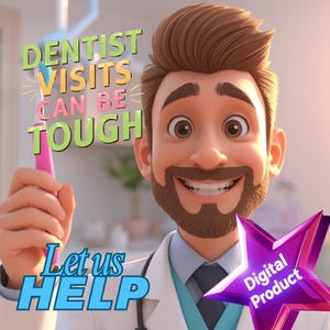 May include: A cartoon illustration of a smiling dentist holding a pink toothbrush. Text reads "Dentist Visits Can Be Tough" and "Let Us Help". A purple star with "Digital Product" is in the corner.