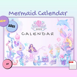 Könnte beinhalten: Ein farbenfroher Meerjungfrauenkalender für 2025. Der Kalender zeigt Meerjungfrauen, Muscheln und andere Illustrationen zum Thema Meer. Der Text "NEW!" und "A4" ist auf dem Bild zu sehen.