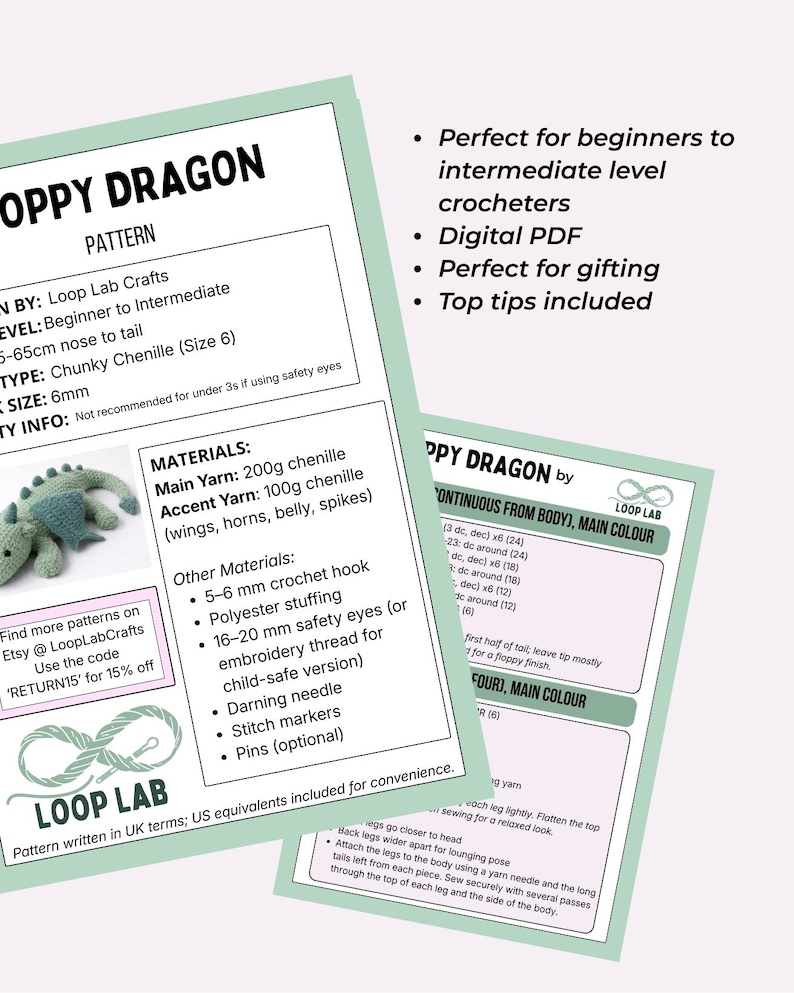 Crochet Floppy Dragon Plushy PDF | ORIGINAL Pattern image 2