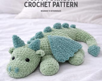 Patrón original en PDF para tejer un dragón de peluche flexible a crochet.