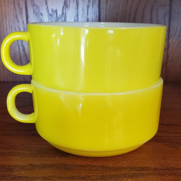 Vintage Glasbake Yellow Soup Bowl Mug with Handle, Set of 2