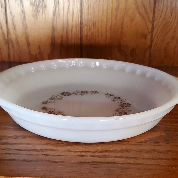 Vintage Dynaware White Glass Pie Plate Brown Floral Pattern