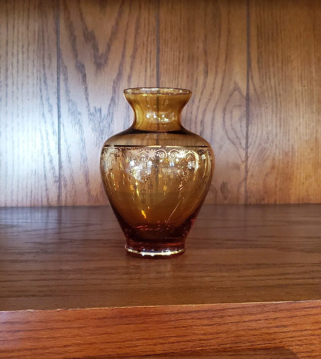 Vintage Brown Glass Bud Vase With Gold Accents Etsy