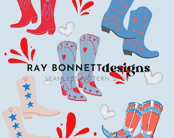 Fourth of July Cowgirl Seamless Pattern, Red White and Blue Pattern, Patriotic Pattern for Commercial Use, Fourth of July Digital Paper