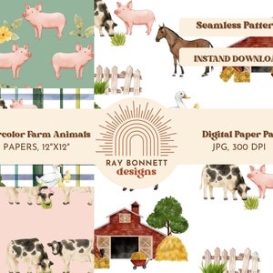 Watercolor Farm Animals, Farm Animals Seamless Pattern, Farm Animals Digital Paper, Farm Animals Repeat Pattern, Farm Animals Digital