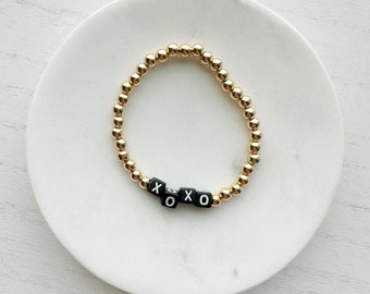 14k Gold Bracelet | XOXO | Kisses | Valentines Day | Sweetheart | Beaded | Custom Bracelet