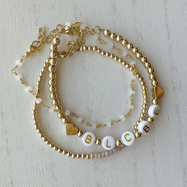 14k Gold | Custom | Mother's Day Bracelet | Beaded Bracelet | Mom | Grandma | Initials | Letter Bracelet