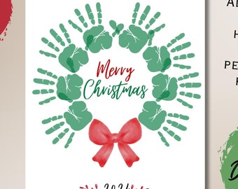 May include: A printable PDF file, 8 x 10 inches, featuring a Christmas wreath made of green handprints, a red bow, and the words "Merry Christmas" and "2024." The image also includes the text "Add your own baby's handprints for a personalized keepsake!"