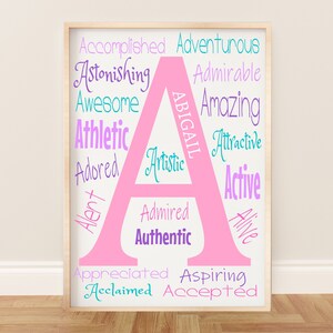 Impressão inicial personalizada, afirmações positivas para berçário de bebês meninas ou meninos ou sala de jogos infantis, nome personalizado e cores
