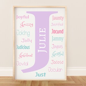Impressão inicial personalizada, letra J, afirmações positivas para berçário de bebês meninas ou meninos ou sala de jogos infantis, nome personalizado e cores