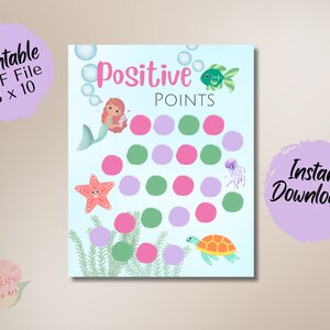 Puede incluir: Un archivo PDF imprimible, de 20,3 x 25,4 cm, con un fondo azul claro y criaturas marinas. Las palabras "Positive Points" están en la parte superior, con círculos para el seguimiento. Las palabras "¡Descarga instantánea!" también son visibles.