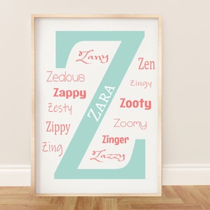 Benutzerdefinierter Anfangsdruck, Buchstabe Z, Positive Affirmationen für Baby-Mädchen oder Jungen-Kinderzimmer oder Kinder-Spielzimmer, Name und Farben personalisieren