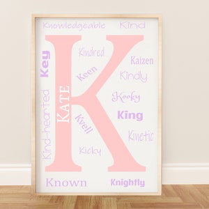Personalisierte Buchstabe K druckbare Wandkunst mit positiven Affirmationen für Baby Mädchen oder Jungen Kinderzimmer oder Kinderspielzimmer - Beliebige benutzerdefinierte Farben