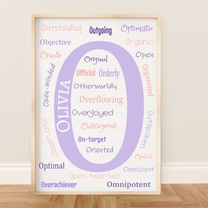 Benutzerdefinierter Anfangsdruck, Buchstabe O, positive Affirmationen für Baby-Mädchen oder Jungen-Kinderzimmer oder Kinder-Spielzimmer, Name und Farben personalisieren