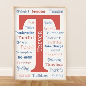 Impressão inicial personalizada, letra T, afirmações positivas para berçário de bebês meninas ou meninos ou sala de jogos infantis, nome personalizado e cores